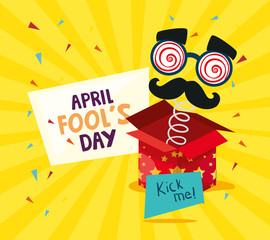 Sticker - april fools day with surprise box and crazy mask vector illustration design