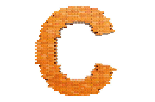 Bricks font, letter C from building bricks. 3D rendering