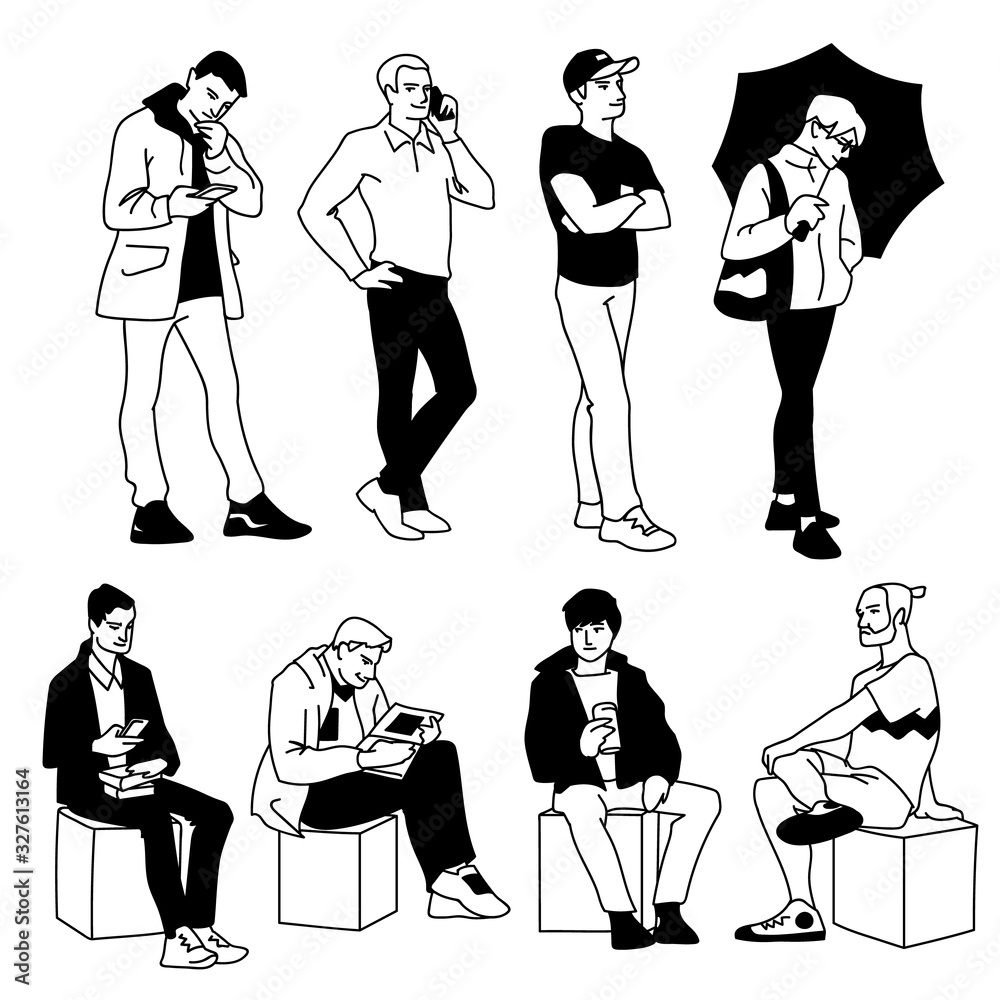 Men in different poses. Monochrome vector illustration of set of young ...