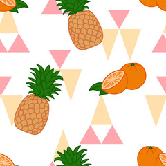Wall Mural - summer tropical fruits seamless pattern on abstract colorful triangles background with cartoon orange and pineapple, editable vector illustration for decoration, fabric, textile, paper, print