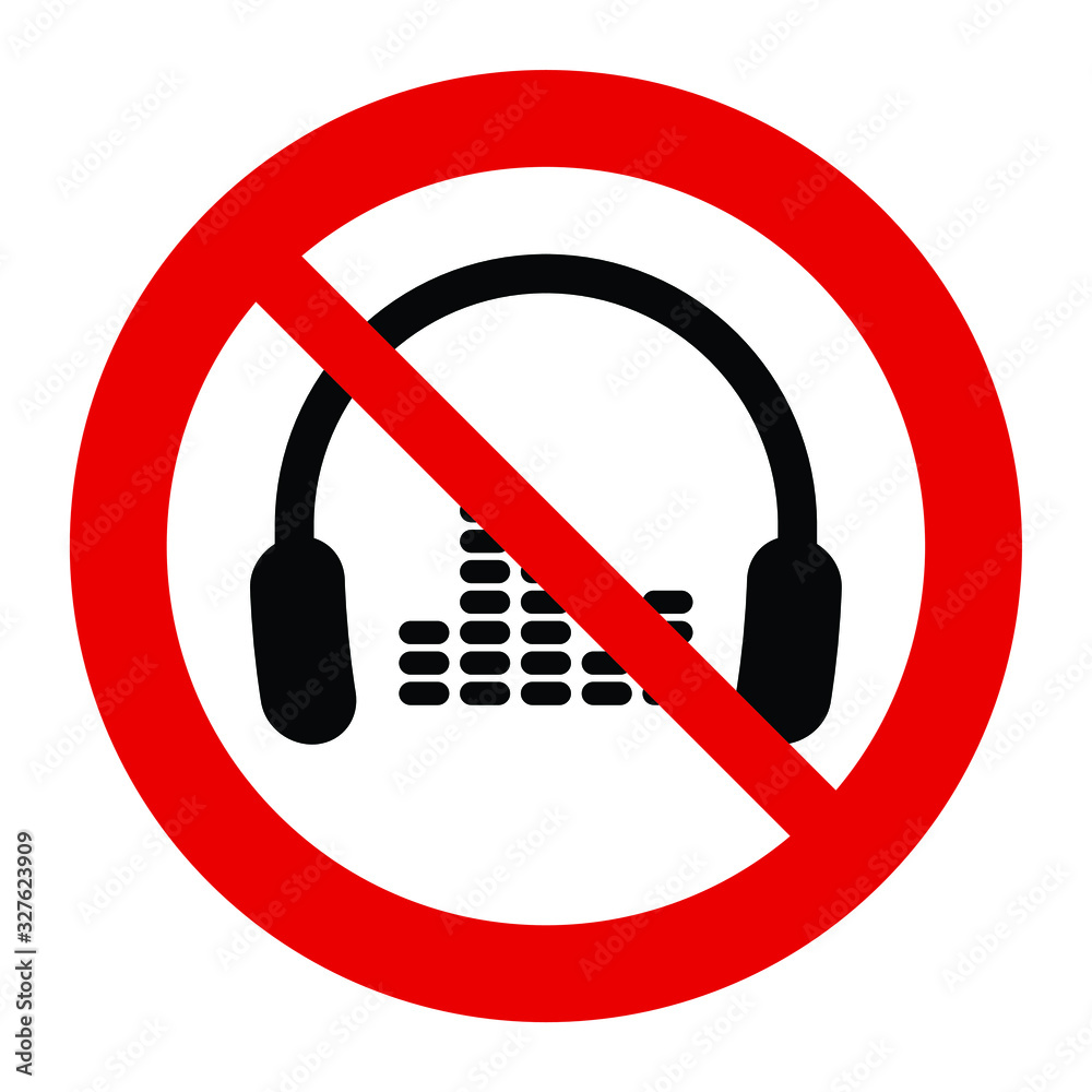 no headphones icon. no listening music icon. The red circle prohibiting ...