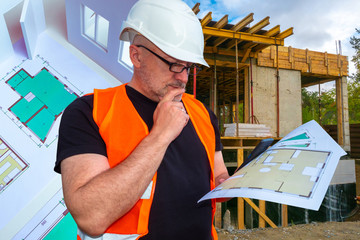 Poster - build. man in a helmet at a construction site. real estate business. concept career architect. archi