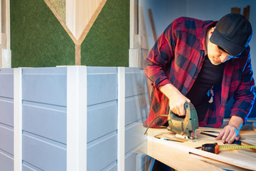 Poster - Work in a carpentry workshop. A man works with an electric jig saw. A man is sawing parquet. Wood processing. Work in the furniture workshop. Furniture manufacturing. Concept - Construction Tools