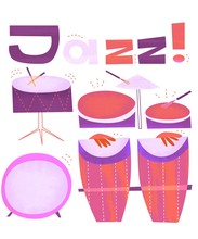 Jazz Drums Percussion Set Vintage Retro Style Flat Illustration Bongos Congas Bass Drum Snare Cymbals