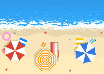 Canvas Print - Cartoon Color Beach with Sun Umbrellas Scene Concept. Vector