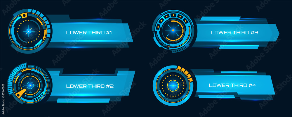 Creative vector illustration of lower third broadcast banner, sci fi hud insterface, TV News bars isolated on background. Art design futuristic lower third hud template. Concept breaking news element. - obrazy, fototapety, plakaty 