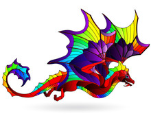 Stained Glass Illustration With A Bright Red Winged Dragon, Figure Isolated On A White Background