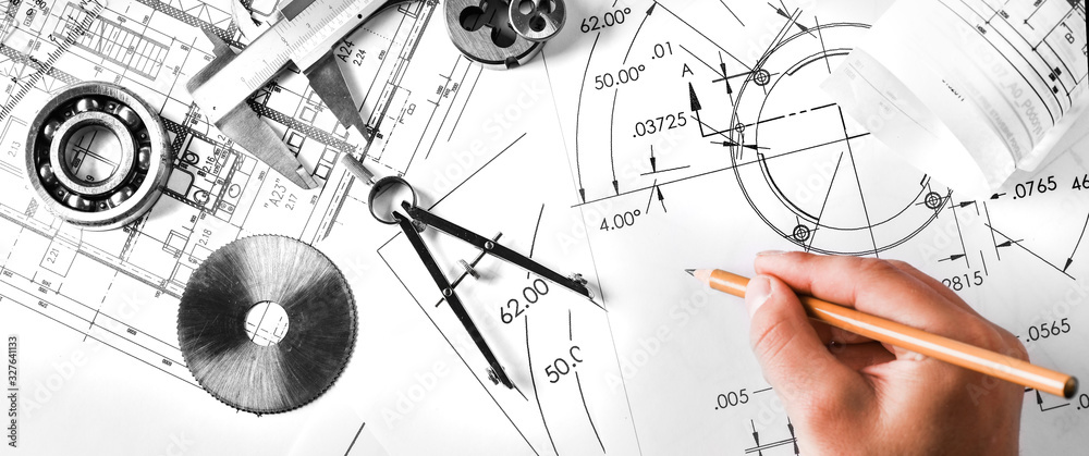 Engineer technicial drawings and mechanical parts engineering industry work project paper prints. Projectant hand with pencil, measuring tools on table. - obrazy, fototapety, plakaty 
