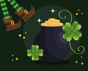 Wall Mural - saint patricks day with elf legs and cauldron vector illustration design