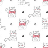 Fototapeta  - Cats Vector Seamless Pattern. Background for Kids with Hand drawn Doodle Cute Kittens and paw prints. Cartoon Animals Vector illustration in Scandinavian style