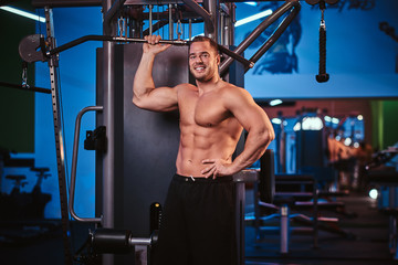 Wall Mural - Athletic shirtless man posing for a camera while holding a bar, standing next to back pulling machine in a modern fitness club and smiling