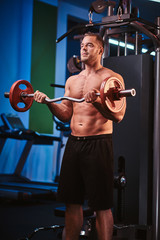 Wall Mural - Fit mucular bodybuilder doing weightlifts with barbell in a modern fitness center looking focused