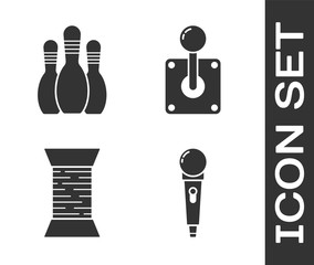 Wall Mural - Set Microphone, Bowling pin, Sewing thread on spool and Joystick for arcade machine icon. Vector