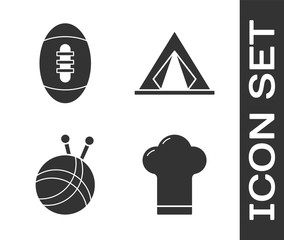 Wall Mural - Set Chef hat, American Football ball, Yarn ball with knitting needles and Tourist tent icon. Vector