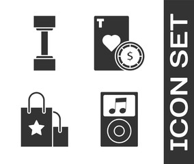 Poster - Set Music player, Dumbbell, Paper shopping bag and Casino chip and playing cards icon. Vector