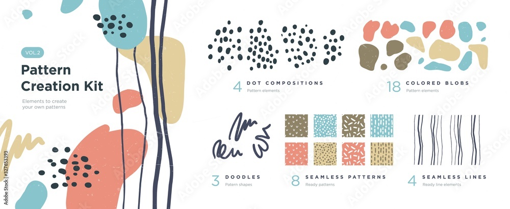 Set of abstract trendy hand drawn shapes and design elements. Pattern Creation set. Vector - obrazy, fototapety, plakaty 