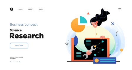 Poster - Science research website Landing page template design. Concept of Scientist character making research in a laboratory. Web page layout with modern business concept illustration.