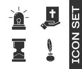 Sticker - Set Feather and inkwell, Flasher siren, Old hourglass and Oath on the Holy Bible icon. Vector