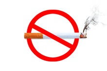 No Smoking Sign With Photo 3D Lit Cigarette Black Smoke At White Background