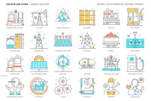 Energy Industry Related, Color Line, Vector Icon, Illustration Set