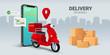 Fast delivery by scooter on mobile smartphone. E-commerce concept. Online food order infographic. Webpage, app design. City background. Perspective vector