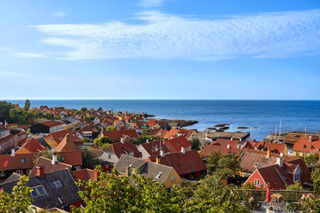 Elevated view on Gudhjem town and Baltic sea, Bornholm island, Denmark