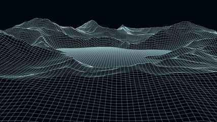 Poster - Vector wireframe 3d landscape. Technology grid illustration. Network of connected dots and lines. Futuristic background.