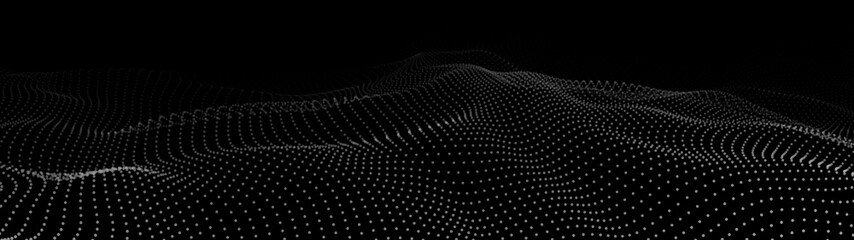 Poster - Abstract dynamic wave of particles. Wave of gradient dots on black background. Futuristic vector illustration.