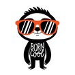 Vector illustration with cute and funny sloth in red sunglasses. Born cool lettering phrase.