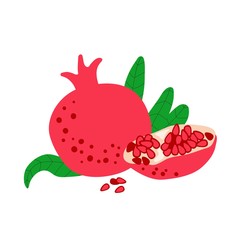 Wall Mural - Pomegranates with red seeds on white background. Fresh fruit drawing with green leaves isolated on white. Great as logo or label for juice, soap and organic product. Flat cartoon vector
