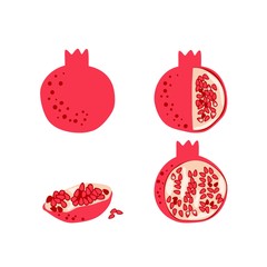 Wall Mural - Pomegranate fruit set. Vector drawing isolated on white. Simple cute flat design. Symbol for Jewish traditional holidays. Great for card, poster, banner background. Botanical