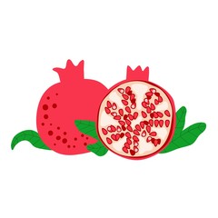 Wall Mural - Pomegranate fruits drawing with green leaves isolated on white. Great as logo or label for juice, soap and organic product. Flat cartoon vector i