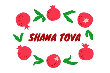 Wall Mural - Shana tova greeting card with pomegranate and leaves. Jewish New Year. Fruit background template for invitation, poster and banner. Drawn fruits and leaves. Vector
