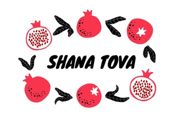 Wall Mural - Shana tova greeting card with pomegranate and leaves. Jewish New Year. Fruit background template for invitation, poster and banner. Drawn fruits and leaves. Vector
