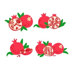 Wall Mural - Pomegranate fruit set. Vector drawing isolated on white. Simple cute flat design. Symbol for Jewish traditional holidays. Great for card, poster, banner background. Botanical