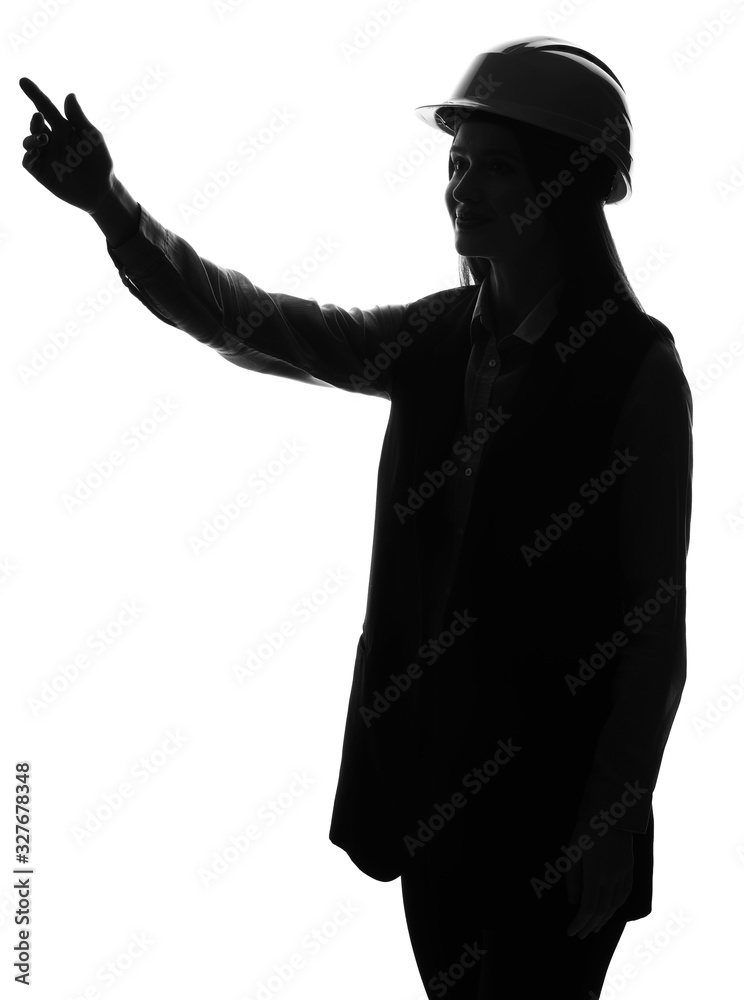 Silhouette of female engineer showing something on white background