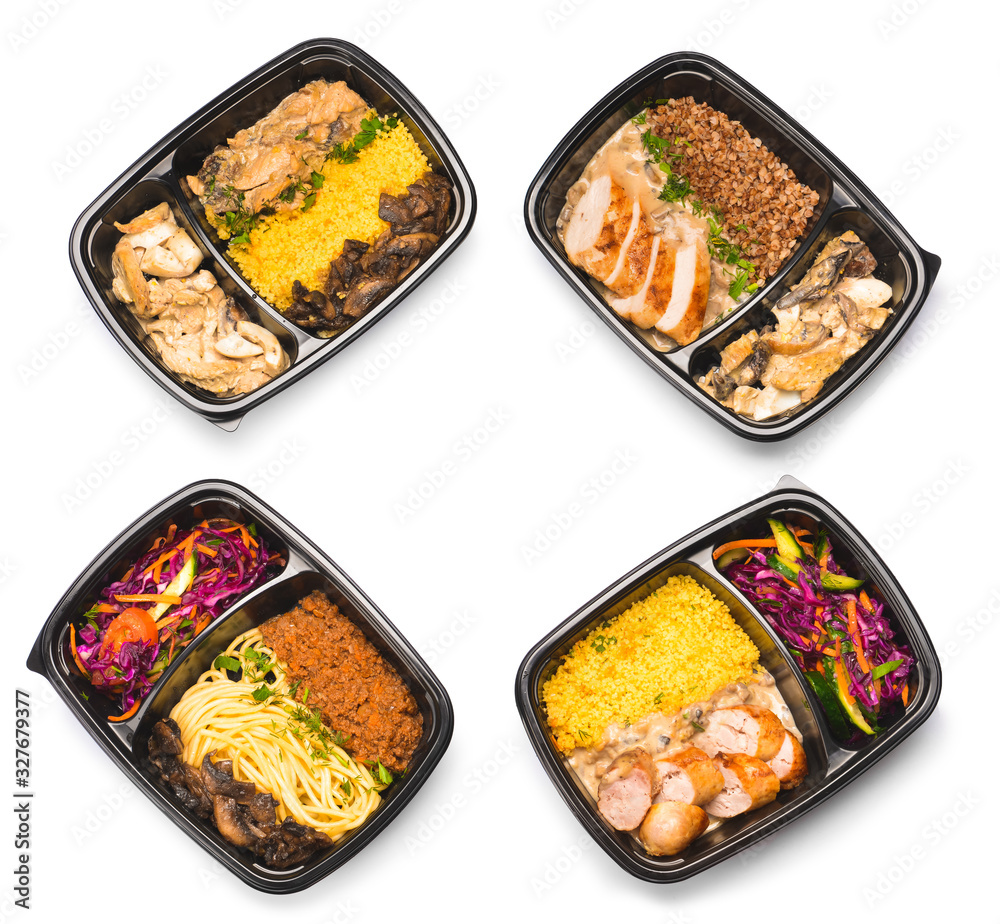 Containers with healthy food on white background