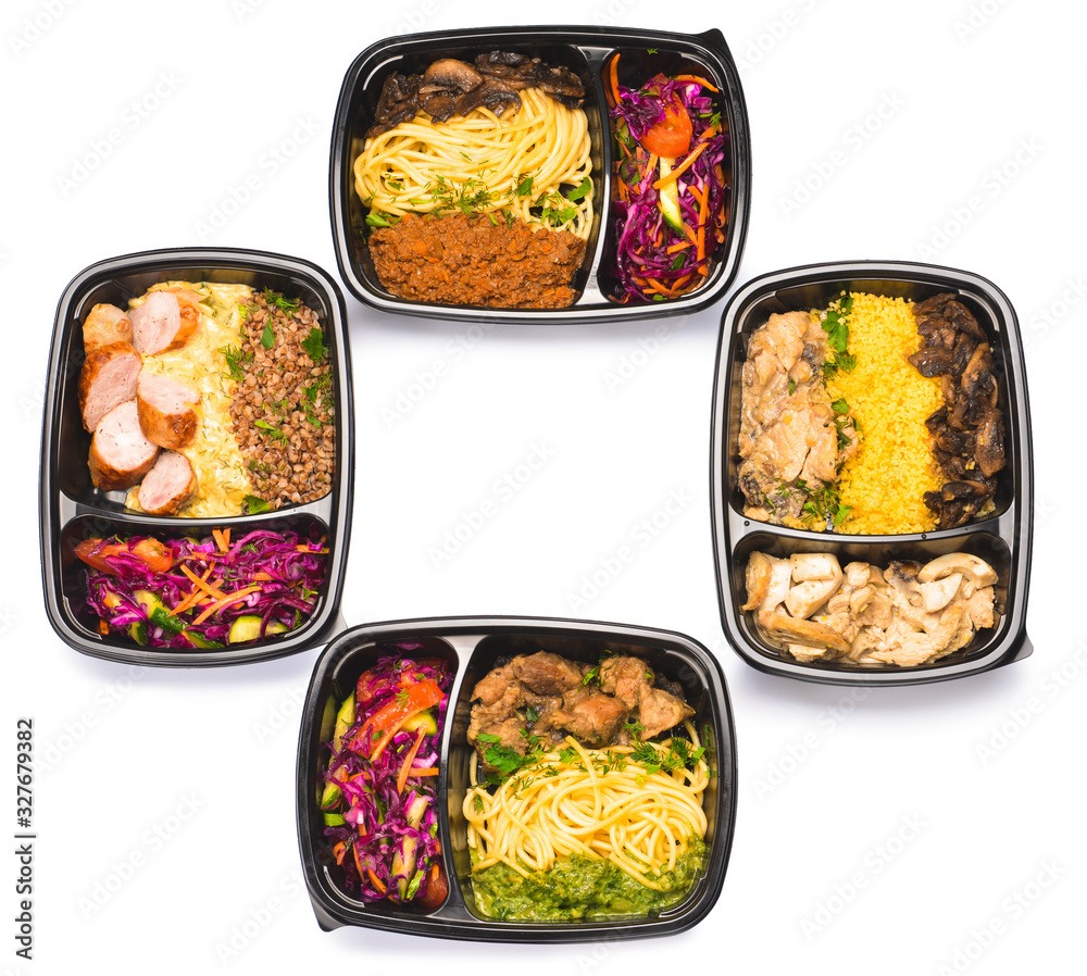 Containers with healthy food on white background