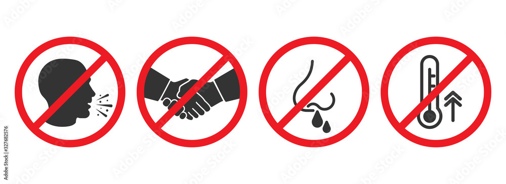 Set of prohibiting icons. No cough, no handshake, no runny nose, no fever - obrazy, fototapety, plakaty 