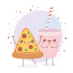 Poster - pizza and soda cup kawaii food cartoon character design