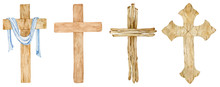 Watercolor Set Of Wooden Christian Crosses. Church Cross Isolated. Abstract Religion Symbol.