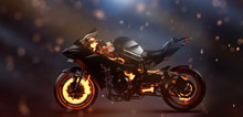 Futuristic Sports Motorcycle Scene With Highlighted Brake System  (3D Illustration) 