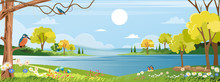 Panorama Of Spring Village With Kingfisher Bird Standing On Branches Tree And Wild Flowers Next To River, Vector Summer Or Spring Landscape, Panoramic Countryside Landscape Grass Field