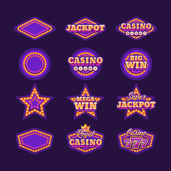 Collection of shining purple retro casino signs