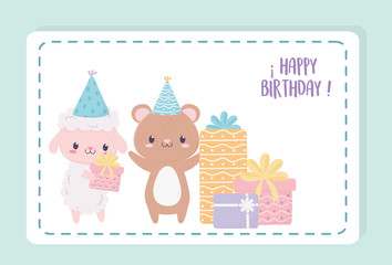 Canvas Print - happy birthday sheep bear with gifts and party hats celebration decoration card