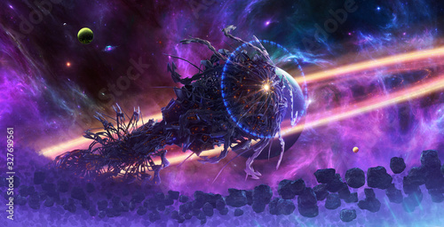Fotomural Artistic abstract 3d illustration of an alien spaceship surrounded by asteroids