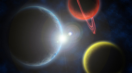 Wall Mural - artistic abstract 3d illustration of a colorful galaxy with multiple planets