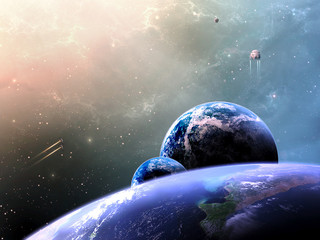 Wall Mural - artistic 3d illustration of multi dimensional worlds in bright space