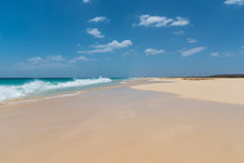 Sandy Beach Of Santa Monica In Boa Vista, Cape Verde Under The Blue Sky
