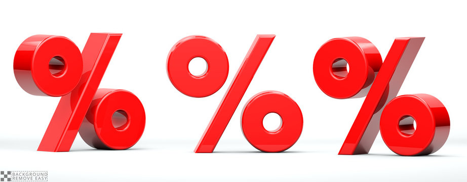 Percent of red color in 3 positions. 3d Render illustration at different angles: Front, right side, left side. White background, isolated.